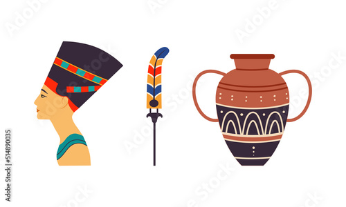 Nefertiti Bust as Great Royal Wife of Egyptian Pharaoh and Clay Vase Vector Set