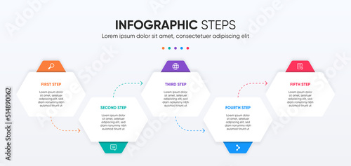 Hexagon 5 steps infographic design with arrow line. Modern and colorful infographic presentation.