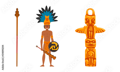 Maya Civilization Ethnic Symbols with Warrior Holding Shield and Bludgeon and Animal Totem Vector Set