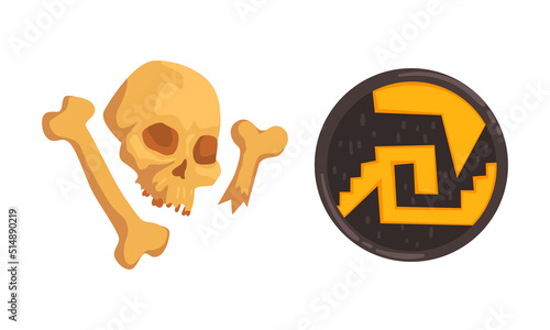Maya Civilization Ethnic Symbols with Shield and Skull with Bones Vector Set