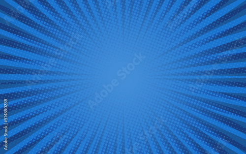 Sun rays Retro vintage style on blue background, Comic pattern with starburst and halftone. Cartoon retro sunburst effect with dots. Rays. Summer Banner Vector illustration