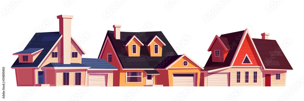 Fototapeta premium Suburban houses exterior, residential buildings front. Vector cartoon set of cottages with garages on suburb district street. Modern real estate property isolated on white background