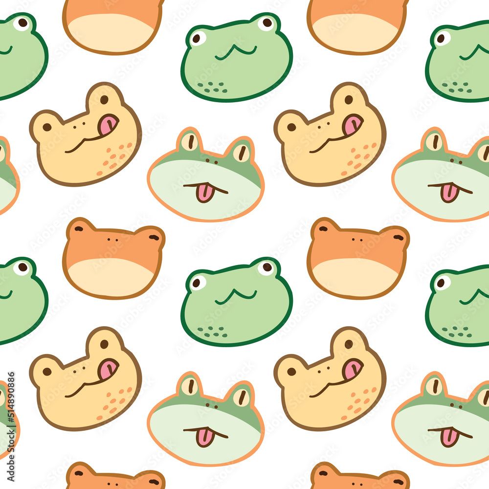 Seamless Pattern with Cartoon Frog Face Design on White Background Seamless Pattern with Cartoon Frog Face Design on White Background