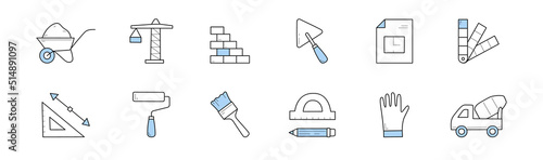 Construction and building doodle icons. Wheelbarrow with sand, crane, brick wall, trowel, palette and blueprint. Paint roller, paintbrush and triangle ruler, vector signs