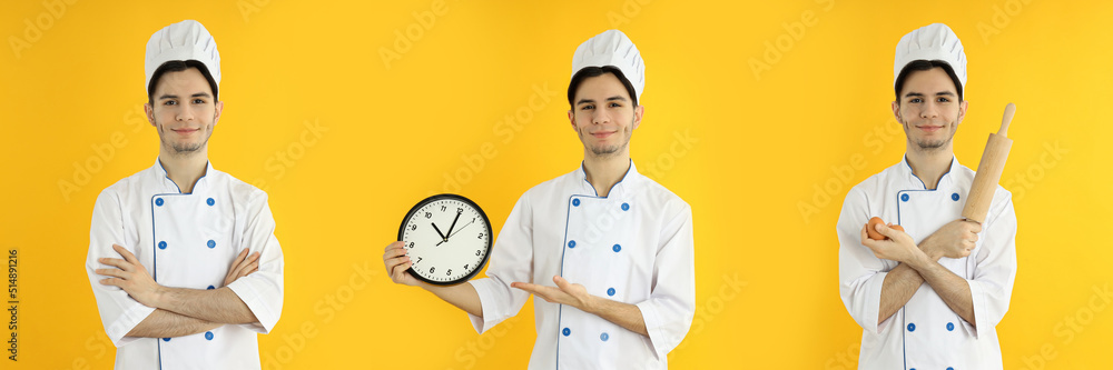 Attractive young man chef on yellow background Attractive young man chef on yellow background