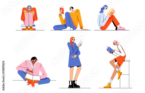 People reading books in club, home or library. Set of happy engrossed male and female characters weekend sparetime, relax. Students read literature, prepare for exams Line art flat vector llustration