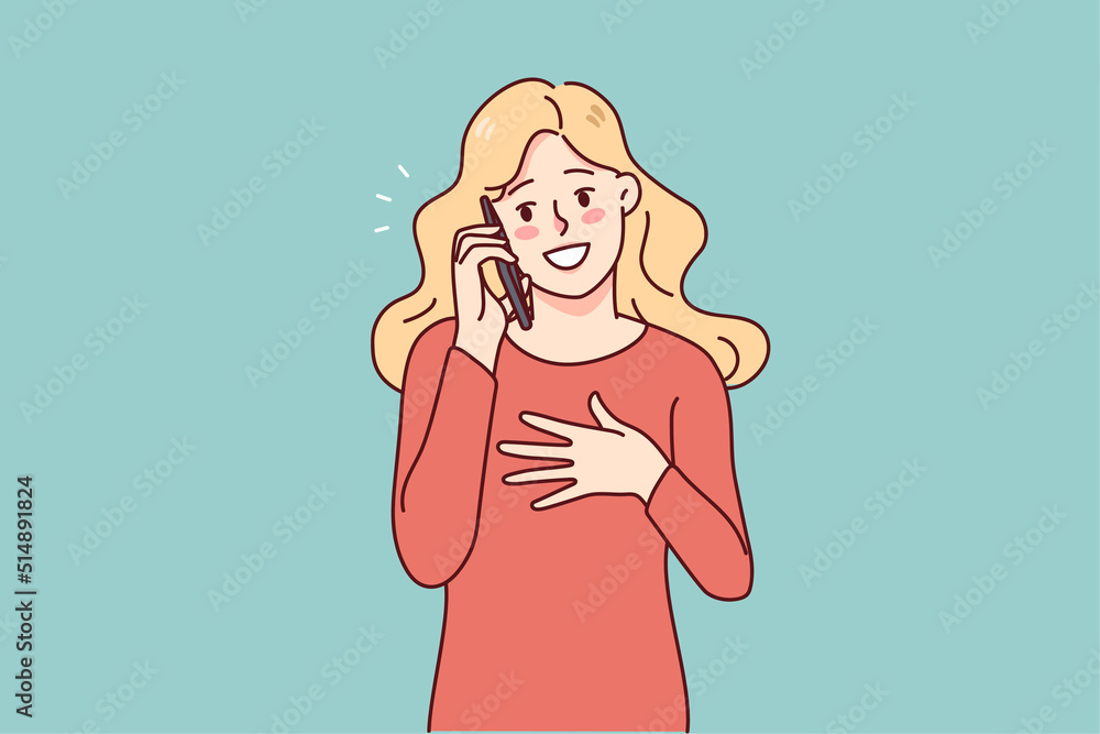 Happy young woman talk on cellphone gadget. Smiling girl have fun enjoy pleasant smartphone conversation or call. Technology concept. Vector illustration. Happy young woman talk on cellphone gadget. Smiling girl have fun enjoy pleasant smartphone conversation or call. Technology concept. Vector illustration.