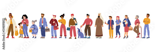 Different people stand in queue. Multiracial characters group patiently waiting in line. Queuing mother with daughter, businessman, arab man, elderly woman, dog Linear flat Vector flat illustration