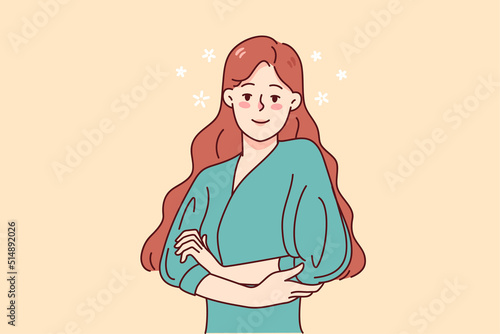 Portrait of smiling confident woman standing with arms crossed. Headshot of happy businesswoman feel optimistic and successful. Vector illustration. 