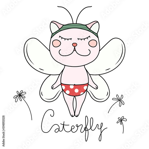 Cute Funny Cat with Butterfly Wings and Text - Caterfly for Sticker, Print, Card, Poster, Eco Bag and Garment. photo