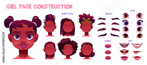 Girl face construction, child african creation with head parts isolated on white background. Vector cartoon set of black skin kid face generator with eyes, noses, hairstyles, brows and lips
