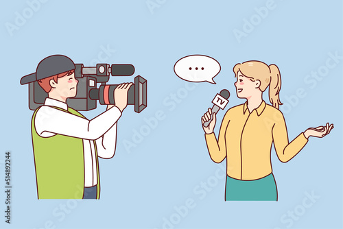 Cameraman shooting woman journalist doing reportage. Professional operator filming female reporter with microphone. Journalism concept. Vector illustration. 