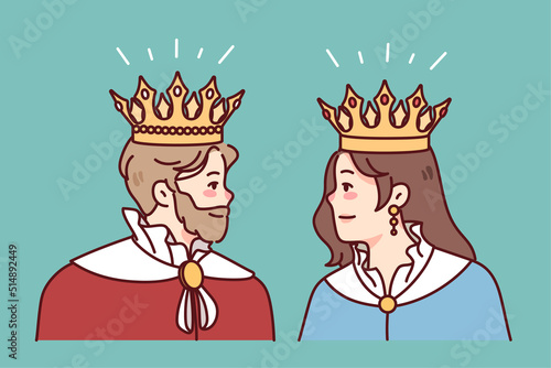 King and queen in mantles and crowns look at each other. Members of royal family in robes. Royalty and monarchy. Vector illustration. 