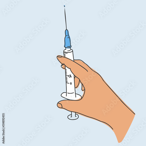 Doctor's hands with a syringe with a vaccine or medicine make an injection. The concept of vaccination and immunization. Flat vector illustration