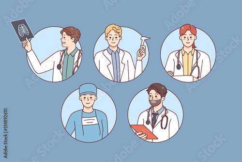 Profile pictures of medical staff in white uniforms. Avatars of doctors and nurses working in hospital. Medicine and healthcare. Vector illustration. 