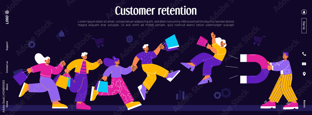 Customer retention, loyalty client attract banner. Vector landing page
