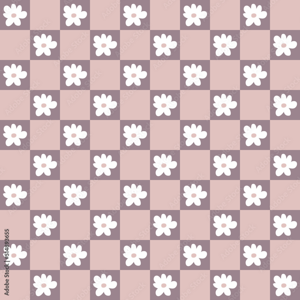 Checkered seamless pattern with flowers in 1970 style. Hippie aesthetic background for T-shirt, poster, card and print. Floral vector illustration for decor and design. Checkered seamless pattern with flowers in 1970 style. Hippie aesthetic background for T-shirt, poster, card and print. Floral vector illustration for decor and design.