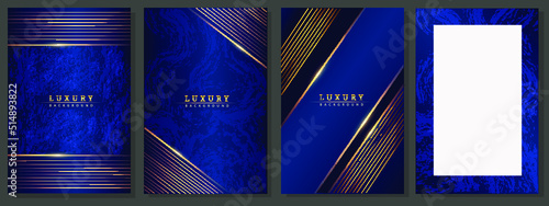 Blue luxury cover set. Modern design, geometric of gold lines and sparkles on gradient background. Elegant template with blank space, for business, elegant events, invitations.
