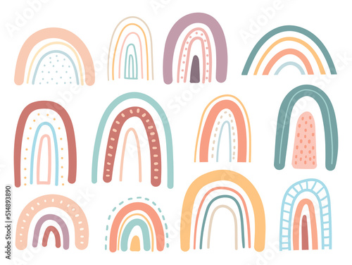 Set of Hand Drawn Aesthetic Rainbow Doodle, Boho Style Design Element, Vector Illustration