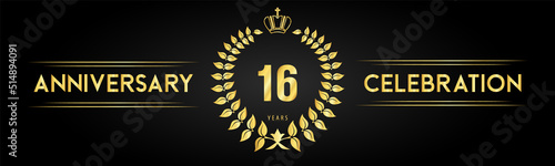 16 years anniversary celebration logo with laurel wreath and royal crown isolated on black background. Premium design for happy birthday, wedding, celebration events, greetings card, graduation.