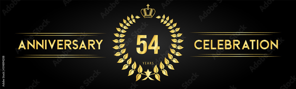 Naklejka premium 54 years anniversary celebration logo with laurel wreath and royal crown isolated on black background. Premium design for happy birthday, wedding, celebration events, greetings card, graduation.