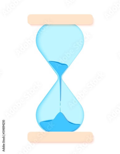 Hourglass with blue sand or water in paper cut style. Simple papercut sandglass with falling time. Origami art creative business concept. Vector card illustration isolated on white background.