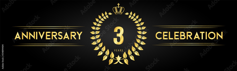 Naklejka premium 3 years anniversary celebration logo with laurel wreath and royal crown isolated on black background. Premium design for happy birthday, wedding, celebration events, greetings card, graduation, poster