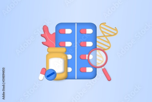 Pharmaceutical drug products manufactured from biological sources. biopharmaceutical products, biopharmacology products, biological medical product, natural pharmacy concept. 3d vector illustration.
