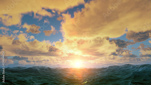Sunset in sea, sun in waves of ocean. Fantastic sunset in summer on sea, sun melts in the waves. Clouds in rays of sun are reflected in the water. 3d render © angel_nt