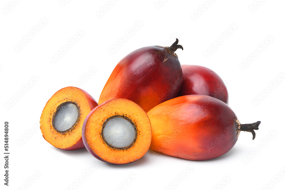 Palm oil nuts with cut in half isolated on white background. Clipping