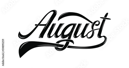 Vector illustration with August text in black color on the white background.
This Hand lettering template is suitable for calendars, diaries, posters, or photo overlays. August Summer month