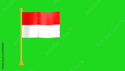 Waving in Air national flag of Indonesia on green background with gold stand.