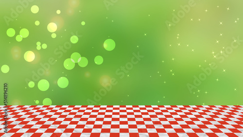 Picnic background with old picnic cloth style on green blur background.