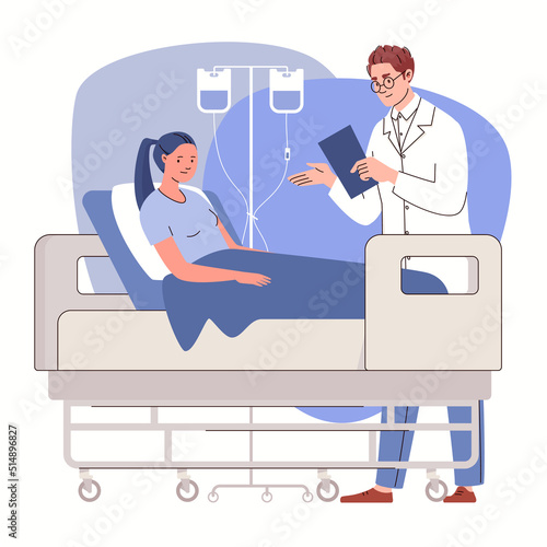 Doctor consults young sad woman with drip in hospital ward. Vector characters flat cartoon illustration.