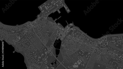 Dark black Reykjavik City area vector background map, streets and water cartography illustration.