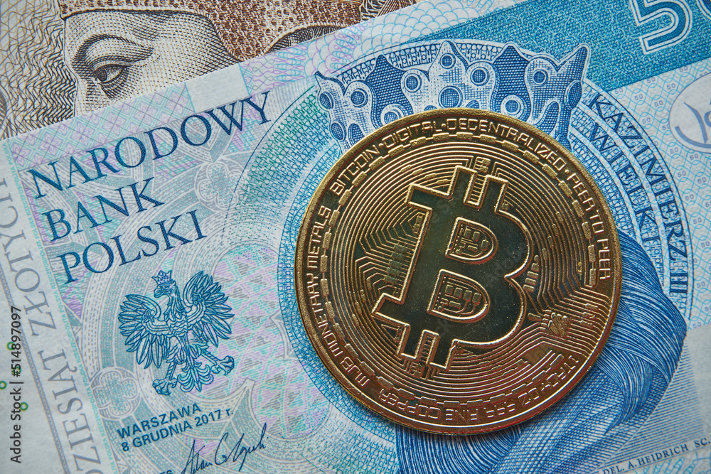 moneta bitcoin i polskie banknoty  - obrazy, fototapety, plakaty 