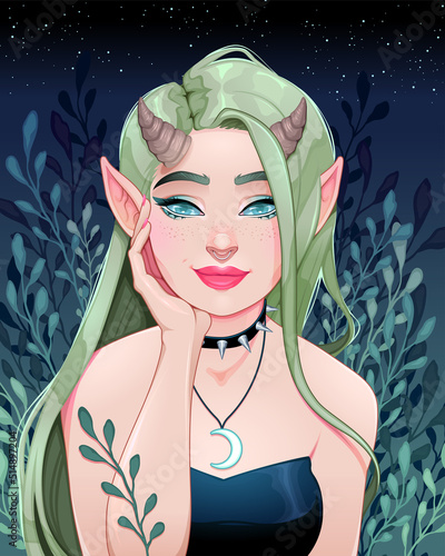 Portrait of a fairy with horns. Vector fantasy illustration. 