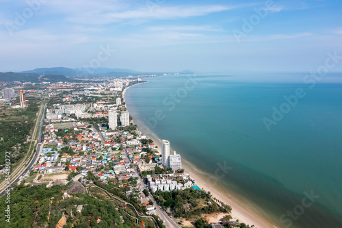 Hua Hin is a well known city with a welcoming atmosphere, surrounded by beautiful mountains and seascapes captured by a drone. © Surachetsh