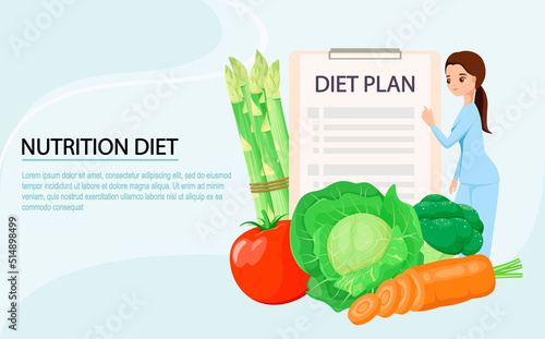 Web page template. Healthy nutrition. A diet plan with a doctor. Cartoon design.