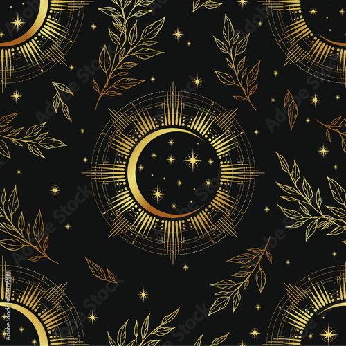 Gold seamless pattern and boho astrology. Mystical and bohemian symbols of the crescent and stars.
