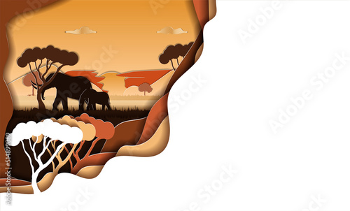 a paper-cut postcard with a savannah, a giraffe and a tourist photographer on a sunset background. vector illustration