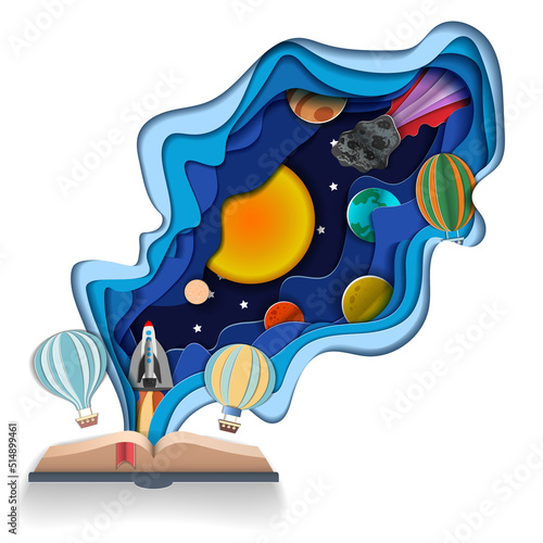 a postcard in the papercut style . an open book from which the light of science comes. international literacy day