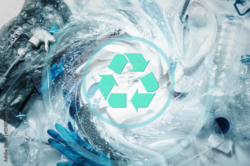 Plastic waste and recycling symbol. Concepts of plastic recycle or greenwashing. photo