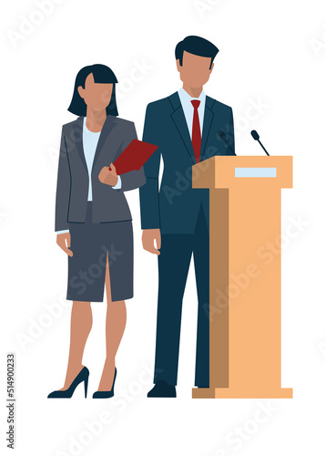 Business people. Man and woman in business suits with a folder. Public speaking from the podium. Official event. Office staff, worker. Vector image.