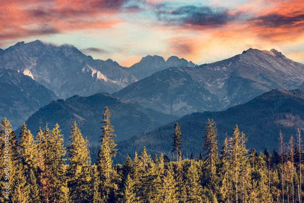 Obraz premium Tatra mountains at sunset with forest valley landscape in Poland