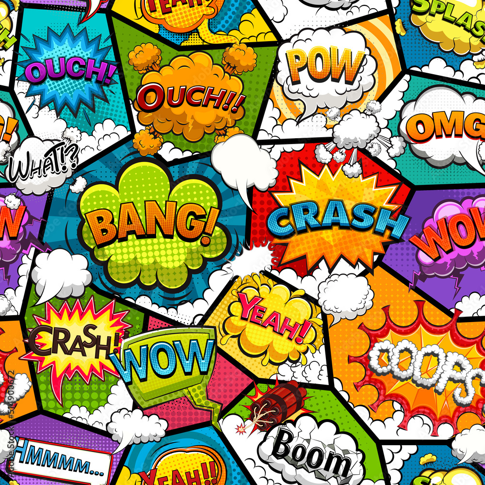 Comic book page divided by lines seamless pattern with speech bubbles and rocket. Vector illustration
