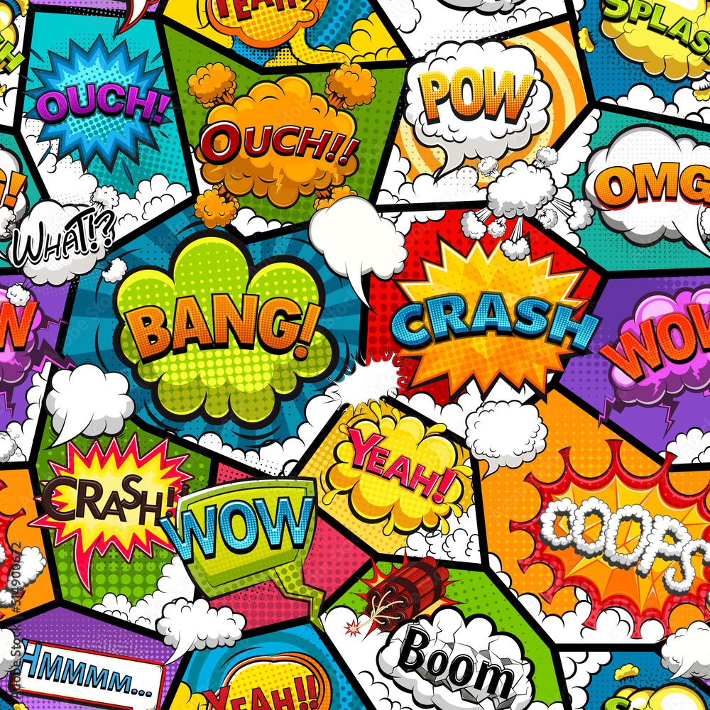 Fototapeta premium Comic book page divided by lines seamless pattern with speech bubbles and rocket. Vector illustration 