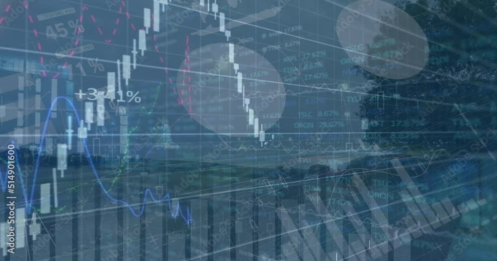 Animation of financial data processing over landscape and cityscape Animation of financial data processing over landscape and cityscape