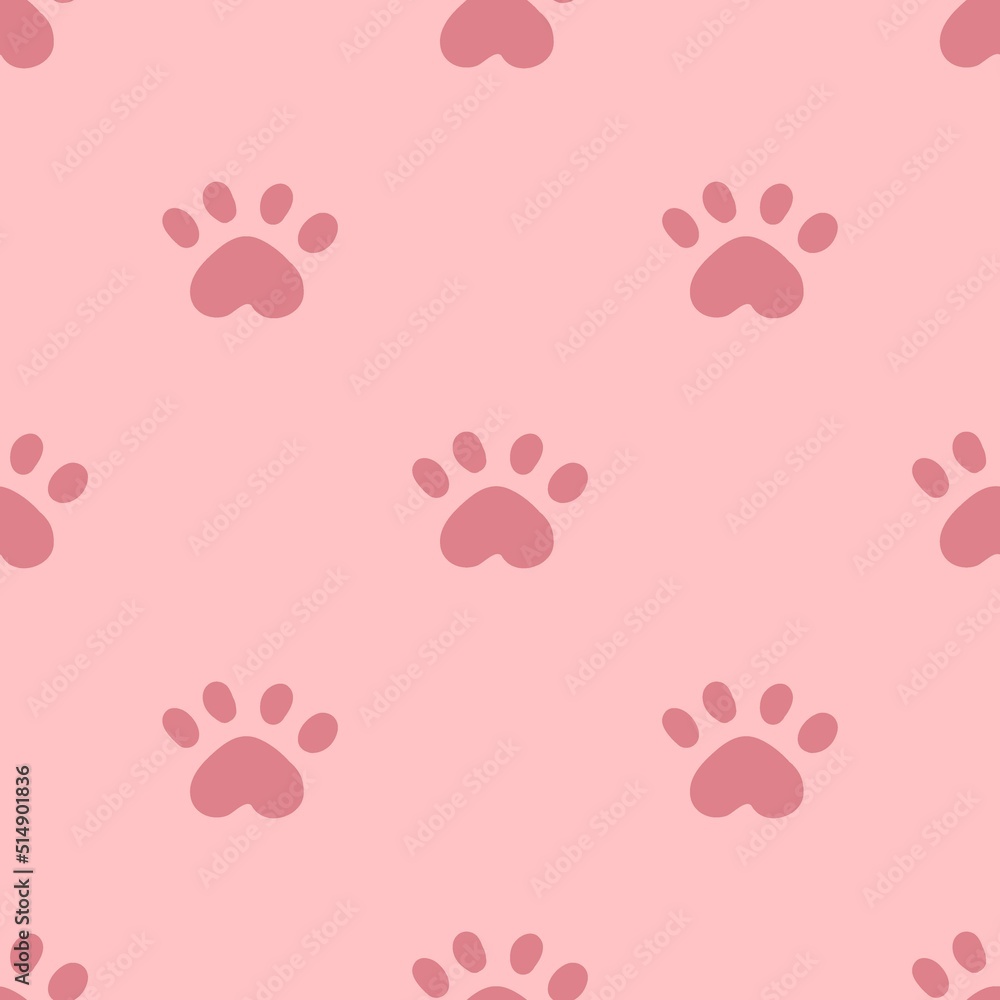Pink cat seamless pattern. Meow and cat paws background vector illustration. Cute cartoon pastel character for nursery girl baby print.