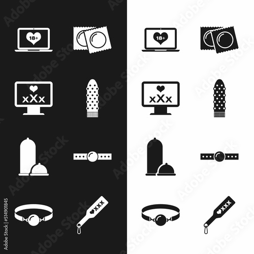 Set Dildo vibrator, Monitor with 18 plus content, Laptop, Condoms in package, safe sex, Silicone ball gag, Spanking paddle and icon. Vector